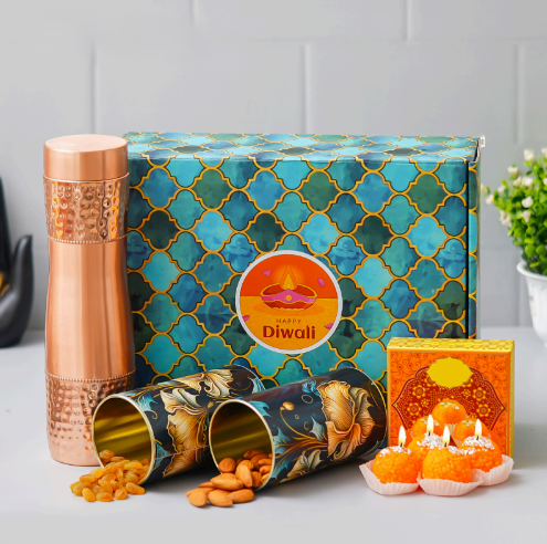 Copper Bottle,4 Laddo Candle,2 Tin Jar Kishmish,Badam 250g Each