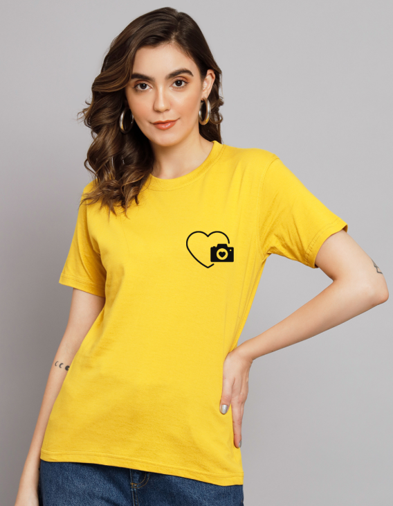 Heart Camera half sleeve women round neck t-shirt