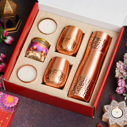Copper Bottle, 2 Copper Glass, 2 metal candle, 100g Almonds