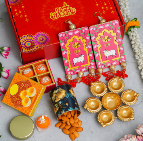 1 Metal Urli, Almond Tin Jar, Shubh labh hanging, 4 Laddu Candle