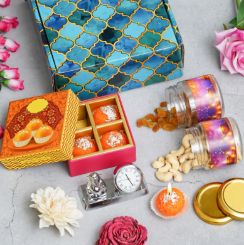 Metal Clock With Ganesh, 4 laddu Candle, 100g Each Kaju Badam