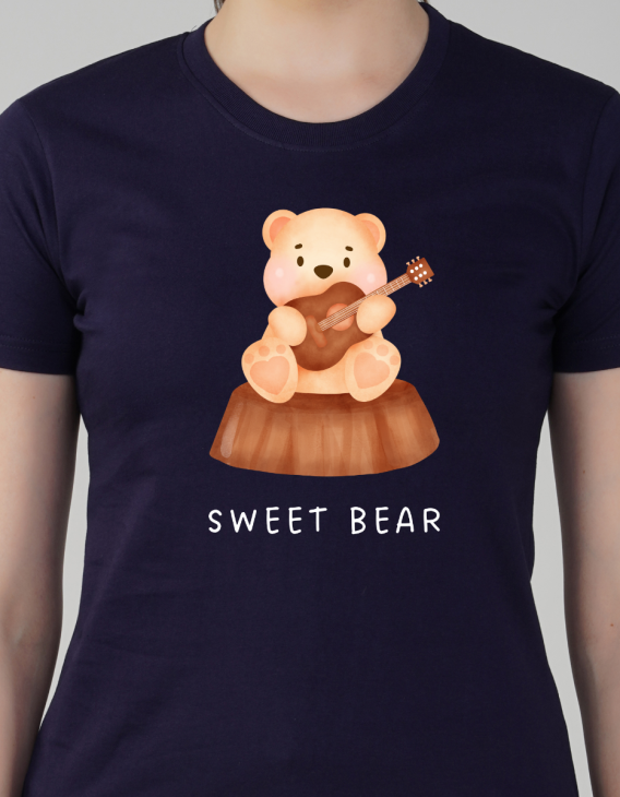 sweet bear half sleeve women round neck t-shirt