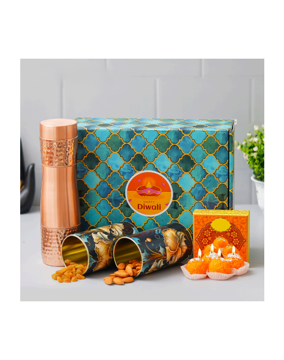 Copper Bottle,4 Laddo Candle,2 Tin Jar Kishmish,Badam 250g Each