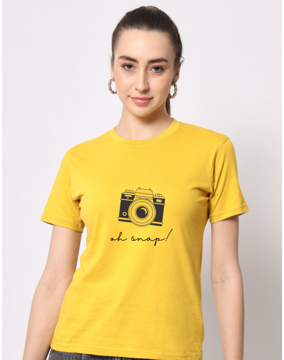 Camera half sleeve women round neck t-shirt
