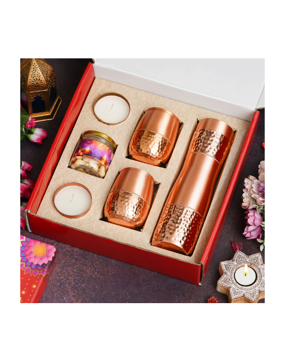 Copper Bottle, 2 Copper Glass, 2 metal candle, 100g Almonds