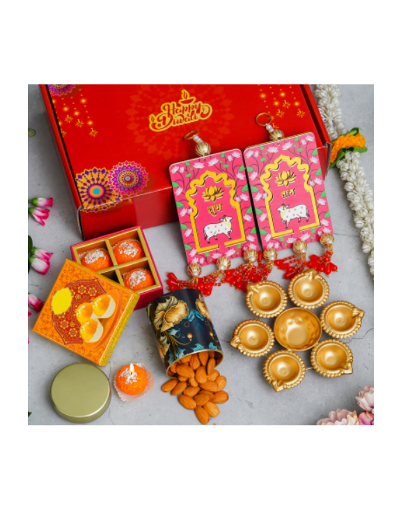 1 Metal Urli, Almond Tin Jar, Shubh labh hanging, 4 Laddu Candle