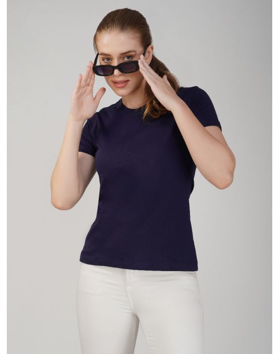 navy blue half sleeve women round neck t-shirt