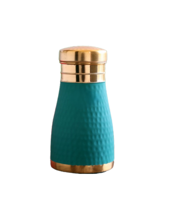 Copper Hammered Green Silk Finish Bottle with Inbuilt Glass