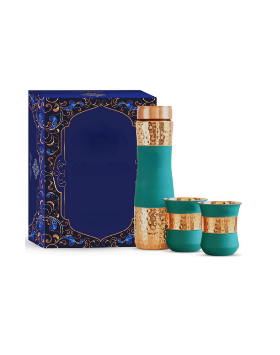 Pure Copper Set of 1 Bottle & 2 Glasses in Green Silk Finish